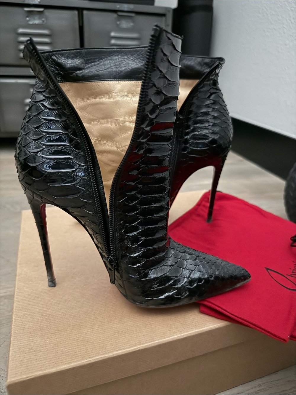 Christian Louboutin Black Python-Texture Stiletto Ankle Boots